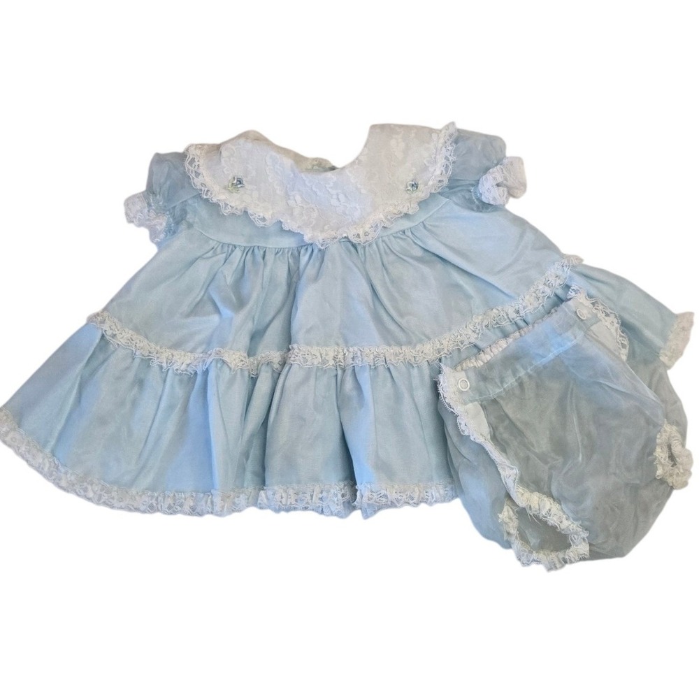 Vintage Bryan Baby Girl Blue Lace Tiered Dress and Diaper Cover Set Size S G/838